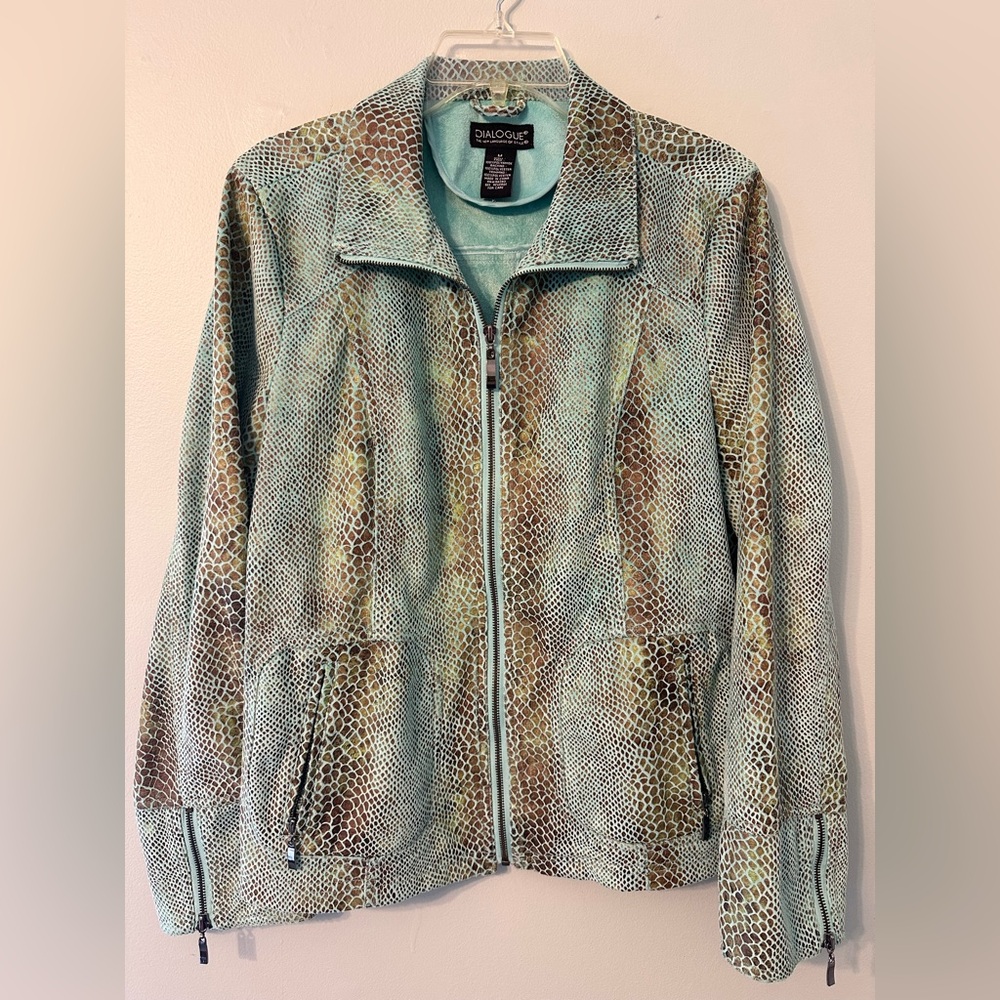 DIALOGUE Chic Turquoise Aqua & Brown Snake Print Faux Leather Jacket, Size M